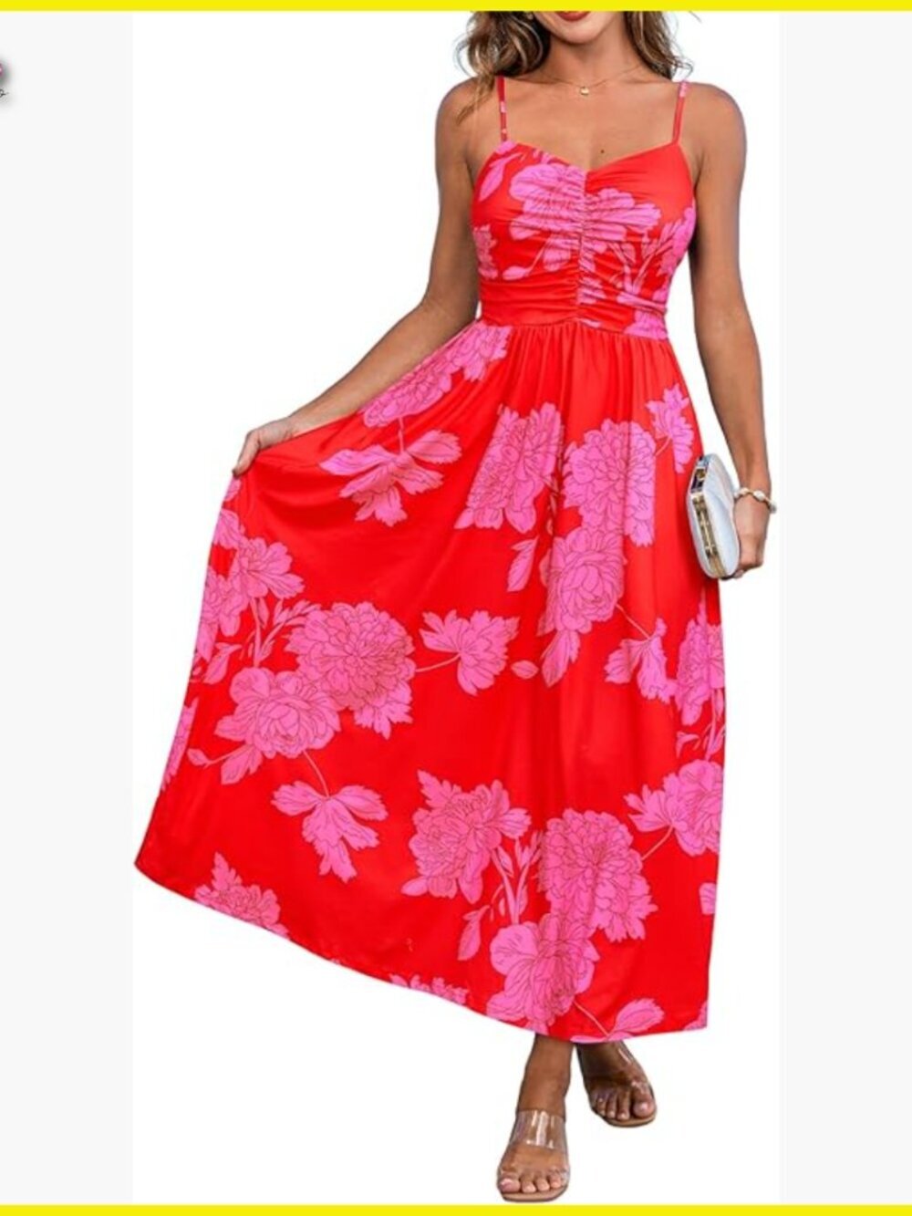 Maxi Dress Flowy Floral V-Neck Adjustable Straps Sleeveless Casual Elegant